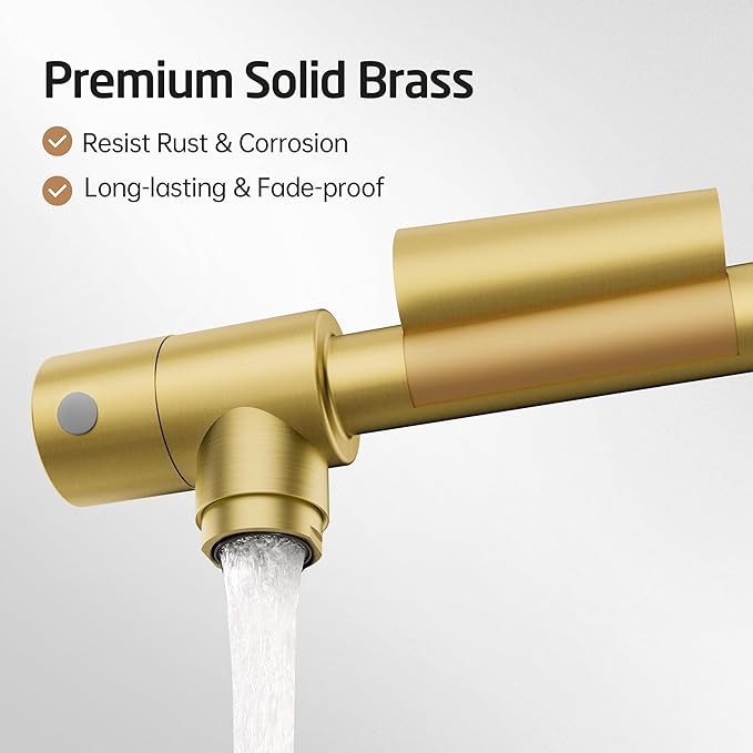KES Kitchen Gold Pot Filler Folding Faucet Brass Double Joint Swing Arm Sink Faucet Articulating Wall Mount Two Handle Brushed Gold, KN926LFF18-BZ