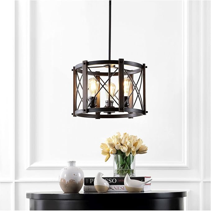 JONATHAN Y 16" Oil Rubbed Bronze 3-Light Farmhouse Drum Pendant Light, Industrial Dimmable LED Chandelier for Kitchen, Iron Metal Basket Shade, Bulbs Included JYL7501A