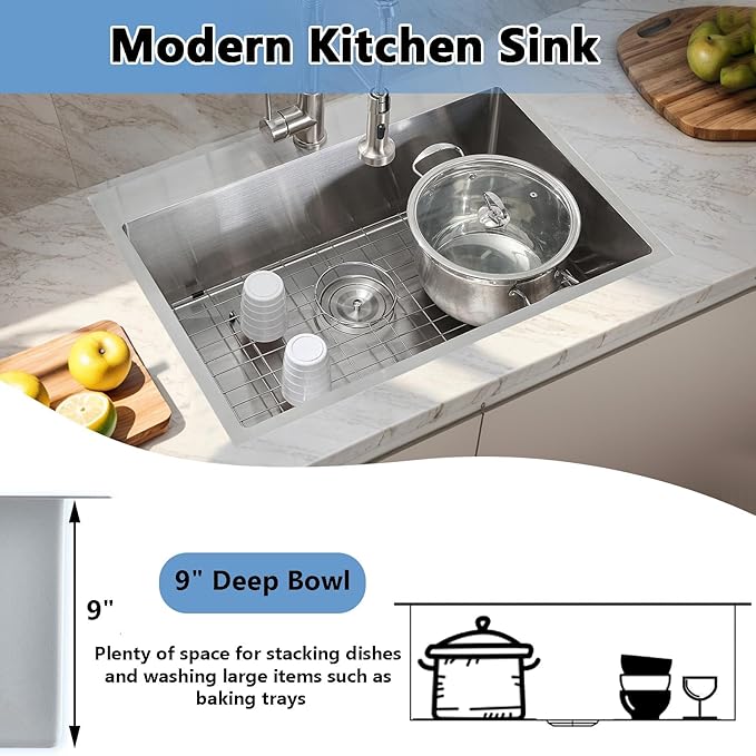 VAPSINT 28 Inch Drop in Kitchen Sink, 28x18 Inch Top Mount 16 Gauge Commercial T304 Stainless Steel Sink for Kitchen, 9 Inch Deep Handmade Single Bowl Basin Laundry Utility Wet Prep Sink, Fregadero