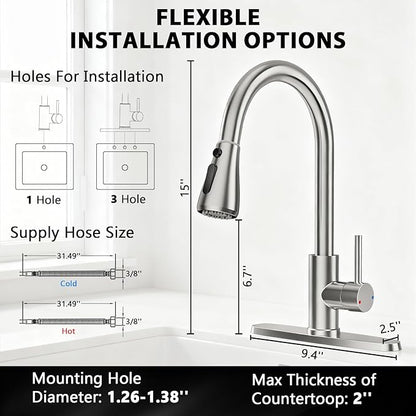 FEELSO Kitchen Faucets with Pull Down Sprayer, High Arc Stainless Steel Single Handle Kitchen Sink Faucet, 1 or 3 Hole Brushed Nickel Water Faucets for Farmhouse Laundry Camper Rv Bar