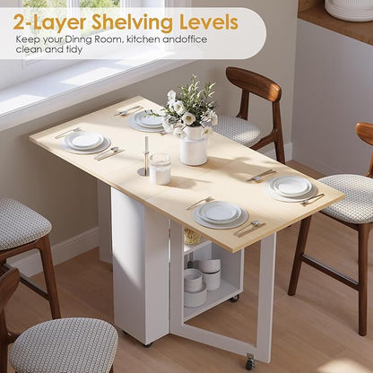 LotFun Folding Dining Table with 2-Tier Storage Racks, Movable Kitchen Dining Table with 6 Wheels, Space Saving Table for Small Spaces (2 Tier Storage Racks, White)