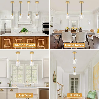3 Pack Gold Pendant Lights Kitchen Island, Hammered Glass Pendant Lighting Over Island, Modern Hanging Kitchen Light Fixtures Over Sink Adjustable Mini Pendant Light for Bathroom Hallway Dining Room