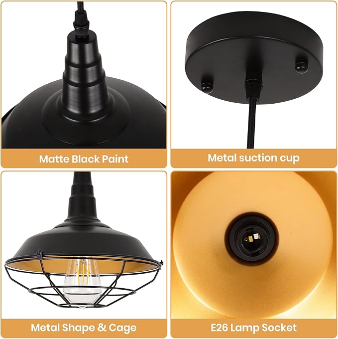 Farmhouse Pendant Light 2 Pack, 10.2" Black Pendant Lights Kitchen Island, Industrial Vintage Light Fixtures Metal Wire Cage Pendant Lighting, Island Lights for Kitchen Dining Room