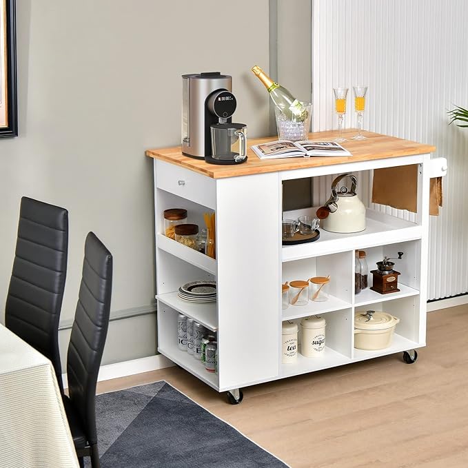 Giantex Kitchen Island Cart on Wheels, Rolling Island Table with Rubber Wood Top, Drawer, 3 Tier Spice Rack, 8 Storage Shelf & Cube, Serving Cart for Dining Room Bar, 46"x23.5"x39" White