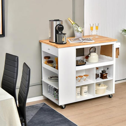 Giantex Kitchen Island Cart on Wheels, Rolling Island Table with Rubber Wood Top, Drawer, 3 Tier Spice Rack, 8 Storage Shelf & Cube, Serving Cart for Dining Room Bar, 46"x23.5"x39" White