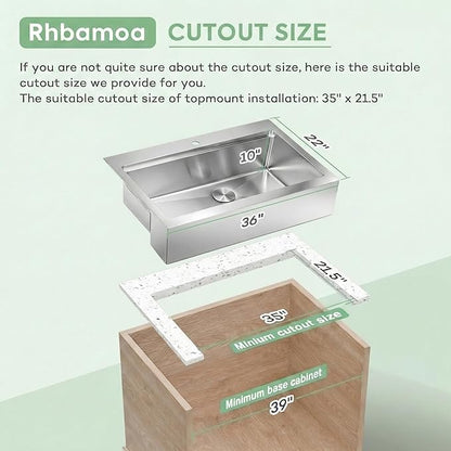 Rhbamoa 36 Inch Stainless Steel Farmhouse Sink,16-Gauge T304 Stainless Steel Single Bowl Apron Front Kitchen Sink,10 Inch Depth Topmount Farm Sinks with All Accessories