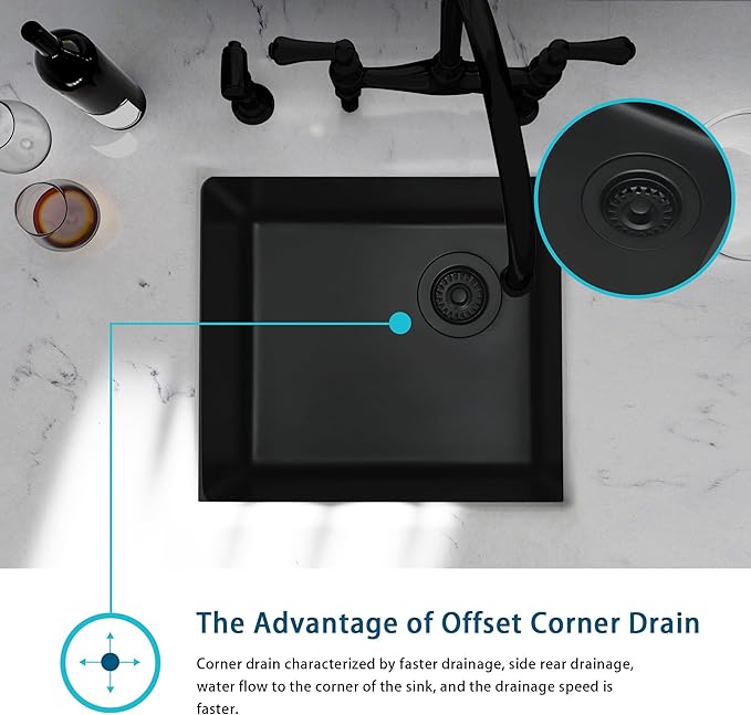 Black Bar Sink,Black Granite Composite Kitchen Sink With Accessories,19 Inch Undermount Quartz Stone Kitchen Sinks,19" x 17" x 9 Black Kitchen Sink with Offset Drain