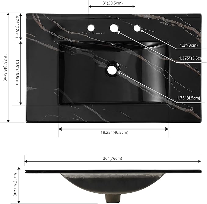 JONATHAN Y SNK1002D Ancillary 3-Hole 30 in. W x 18.25 in. D Classic Contemporary Rectangular Ceramic Single Sink Basin Vanity Top, Black Marble Effect