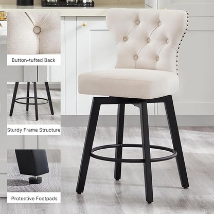 KISLOT Counter Height Barstools 26 inch Upholstered Button Tufted Swivel Bar Stools with Back for Kitchen Island,Set of 4,Beige Fabric