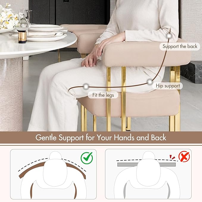 Hyfirm Velvet Dining Chairs Set of 4, Khaki Upholstered Barrel Armchairs with Gold Metal Legs for Kitchen Island, Mid Century Modern Accent Side Chairs for Dining Room and Living Room, Open-Back