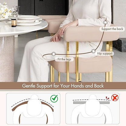 Hyfirm Velvet Dining Chairs Set of 4, Khaki Upholstered Barrel Armchairs with Gold Metal Legs for Kitchen Island, Mid Century Modern Accent Side Chairs for Dining Room and Living Room, Open-Back