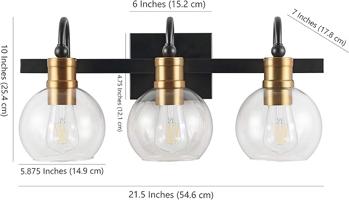 JONATHAN Y 21.5" Black/Brass Gold Vintage Wall Sconce, LED Vanity Light for Bathroom Bedroom Entryway, Clear Glass Globe Shade, Modern Industrial Arched Lamp, LED Bulb Included (JYL3528A)