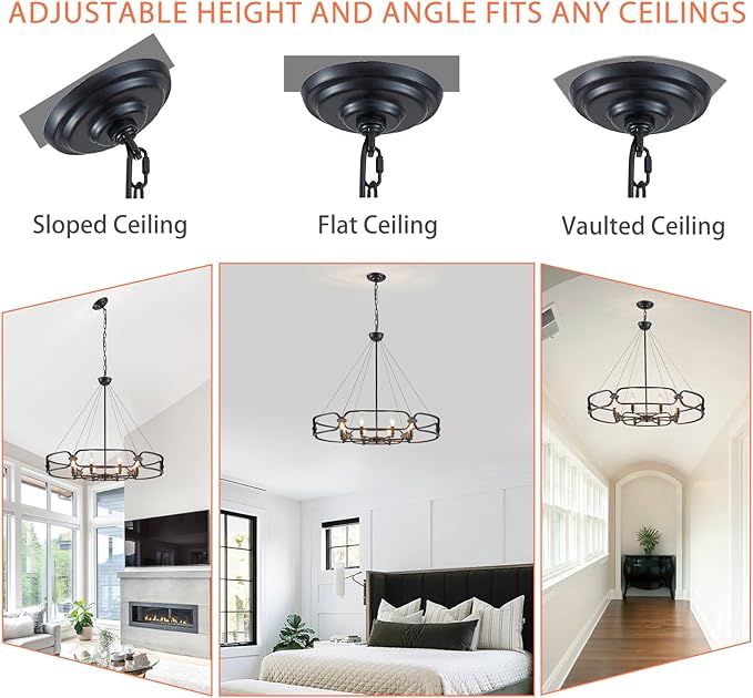 Black Chandelier, 31" Large 8-Light Industrial Chandeliers for Dining Room, Round Farmhouse Kitchen Pendant Lighting Fixture for Entryway, Living Room, Bedroom, Foyer, Office