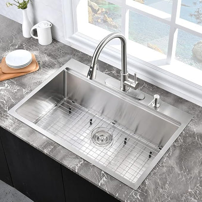 25 Inch Drop In Kitchen Sink Workstation-Hovheir 25x20 Stainless Steel Kitchen Sink Drop In Topmount Stainless Sinks 16 Gauge Deep Single Bowl Overmount Sinks with Cutting Board