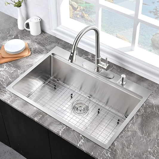 25 Inch Drop In Kitchen Sink Workstation-Hovheir 25x20 Stainless Steel Kitchen Sink Drop In Topmount Stainless Sinks 16 Gauge Deep Single Bowl Overmount Sinks with Cutting Board