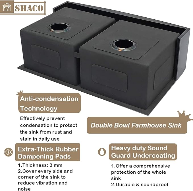 SHACO 33 Inch Black Double Bowl Divided 50/50 Farmhouse Sink, 33x21 Gunmetal Black Stainless Steel Undermount Apron Front Farm Kitchen Sink