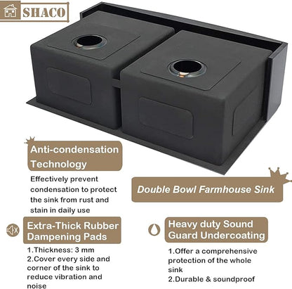 SHACO 33 Inch Black Double Bowl Divided 50/50 Farmhouse Sink, 33x21 Gunmetal Black Stainless Steel Undermount Apron Front Farm Kitchen Sink