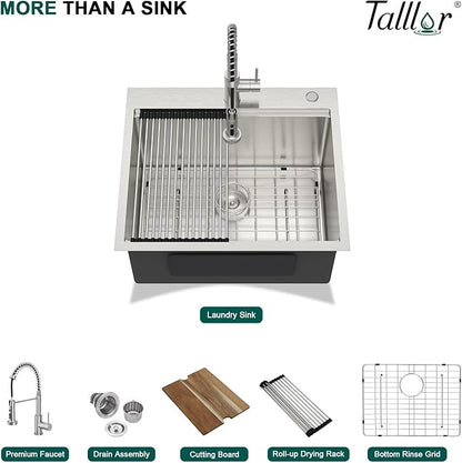 Outdoor Kitchen Sink - Drop In Utility Sink with Faucet Combo 25x22x12 Topmount Workstation 16 Gauge Stainless Steel Single Bowl Sinks for Laundry Room, Outdoor, Garage #TLT-0063