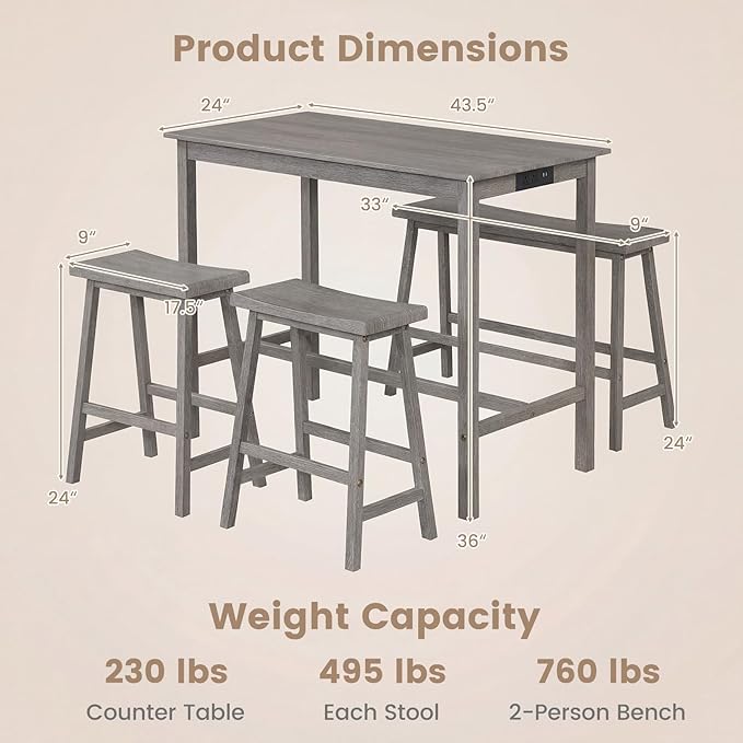 Giantex 4-Piece Counter Height Dining Table Set with Power Outlet, Solid Rubber Wood Kitchen Table with Saddle Backless Bench & 2 Stools, Space-Saving Bar Table Set for Breakfast Nook (Gray)