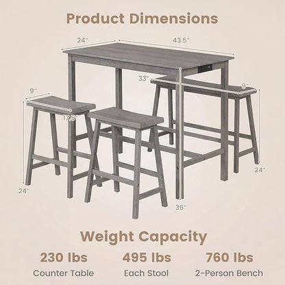 Giantex 4-Piece Counter Height Dining Table Set with Power Outlet, Solid Rubber Wood Kitchen Table with Saddle Backless Bench & 2 Stools, Space-Saving Bar Table Set for Breakfast Nook (Gray)