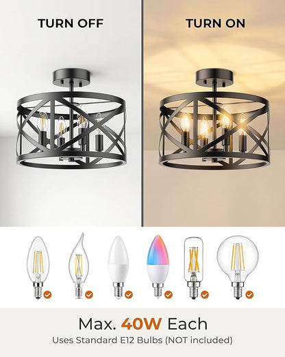 Matane Semi Flush Mount Ceiling Light, 4-Light 12inch Farmhouse Modern Light Fixture with X-Shape Cage, Industrial Rustic Ceiling Lamp for Kitchen, Dining Room, Bedroom, Hallway, Laundry Room, Black