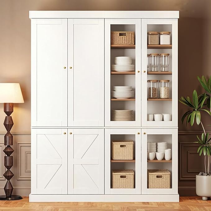 70.8" Tall Farmhouse Kitchen Pantry Cabinet with Glass Doors, Modular Wooden Storage Cabinet with 6-Tier Adjustable Shelves, Hutch for Kitchen or Living Room, Set of 2, White