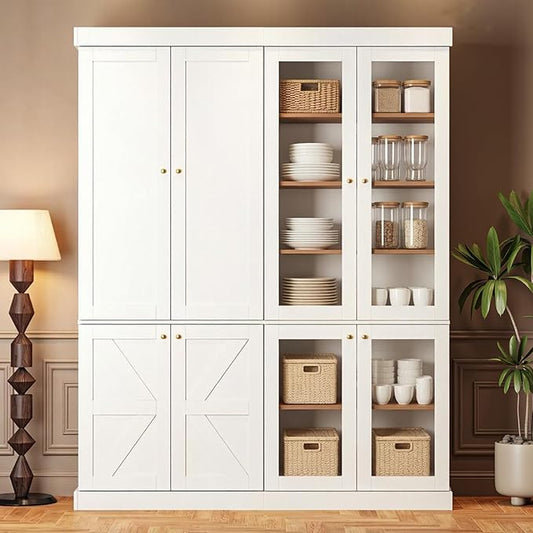 70.8" Tall Farmhouse Kitchen Pantry Cabinet with Glass Doors, Modular Wooden Storage Cabinet with 6-Tier Adjustable Shelves, Hutch for Kitchen or Living Room, Set of 2, White