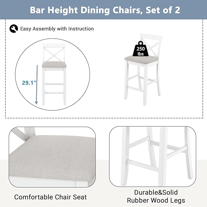 Farmhouse Bar Table Set of 3, Includes 48" Rectangular Wood Dining Table and 2 Bar Stools, Counter Height Kitchen Table Set for Small Spaces (Beige+ Brown + White + Solid Wood + Foam)