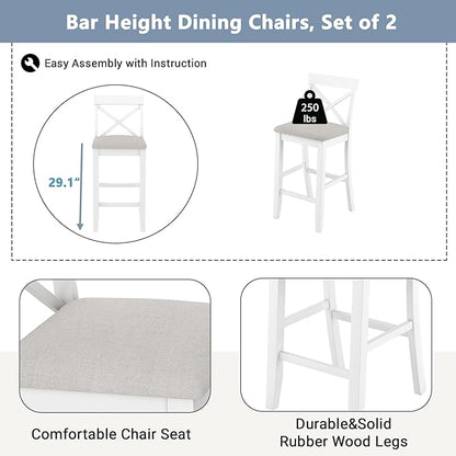 Farmhouse Bar Table Set of 3, Includes 48" Rectangular Wood Dining Table and 2 Bar Stools, Counter Height Kitchen Table Set for Small Spaces (Beige+ Brown + White + Solid Wood + Foam)