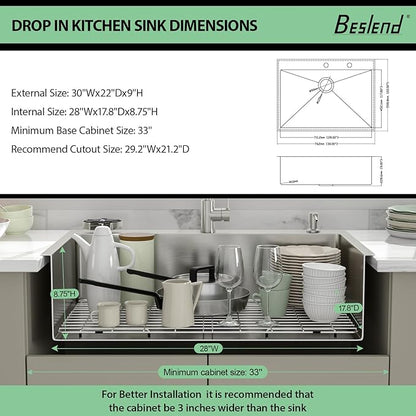 30 Drop In Kitchen Sink - Beslend 30x22 Kitchen Sink Drop In with Pull-Out Faucet, Stainless Steel Sinks and Soap Dispenser Topmount 16 Gauge Single Bowl Above Counter Dish Basin 9" Deep