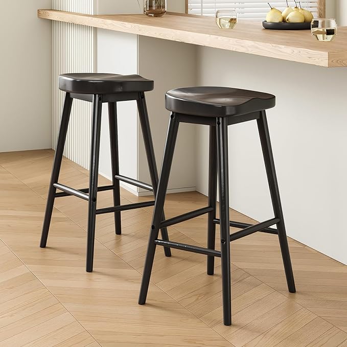 30.3'' Solid Wood Bar Stools, Set of 2, Backless Seat Counter Stools with Footrests, Rustic Bar Chairs for Kitchen Island Dining Room