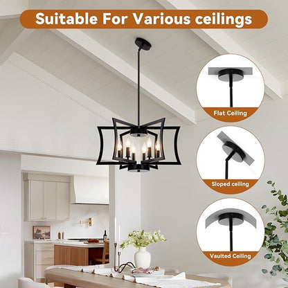 SIBRILLE 22.84" Black Metal Pendant Light, 6-Light Dining Room Light Fixture Modern Industrial Geometric Chandelier Lighting, Suitable for Villa Foyer, Kitchen Islands, and Farmhouse Living Rooms