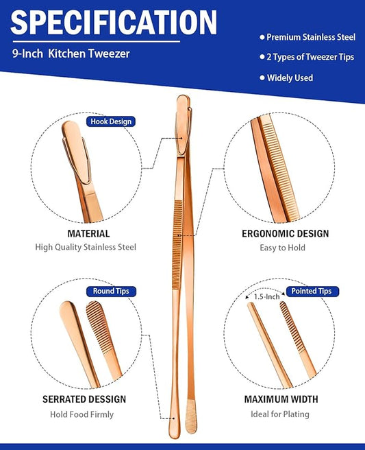 JETKONG 2 Pcs 9-Inch Kitchen Tweezers Cooking Tweezer Tongs Stainless Steel Food Tweezers (Rose Gold)