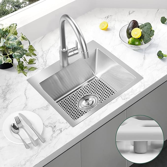 17 x 15 Inch Drop in Kitchen Sink Top mount Bar Sink 16 Gauge Stainless Steel Single Bowl Workstation with Sink Protector (Brushed Nickel)