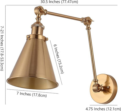 JONATHAN Y 7" Brass Gold Classic Industrial Metal Adjustable Arm LED Wall Sconce for Bedside Reading, Farmhouse Swing Arm Wall Lamp with Metal Shade, Hardwired (JYL7461A-SET2)