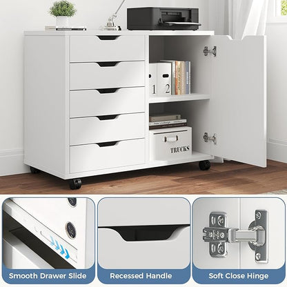 DUMOS 5 Drawer File Cabinet Office Drawers Organizer with Wheels Rolliing, Under Desk Cabinets with Shelves and Door Printer Stand with Wood Board Metal Frame for Home Office Storage Craft Room, White