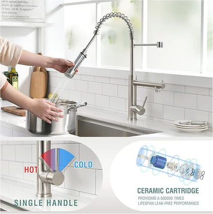 Fapully Commercial Kitchen Sink Faucet, Pull-Down Sprayer Kitchen Faucets Brushed Nickel