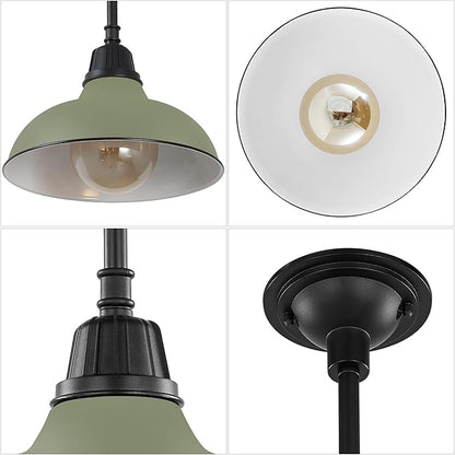JONATHAN Y 12.25" Matte Olive Green 1-Light Farmhouse Indoor/Outdoor LED Pendant Iron Hanging Light, and Black Metal Shade, Rustic Ceiling Lamp for Kitchen Island, LED Bulb Included (JYL7611I)