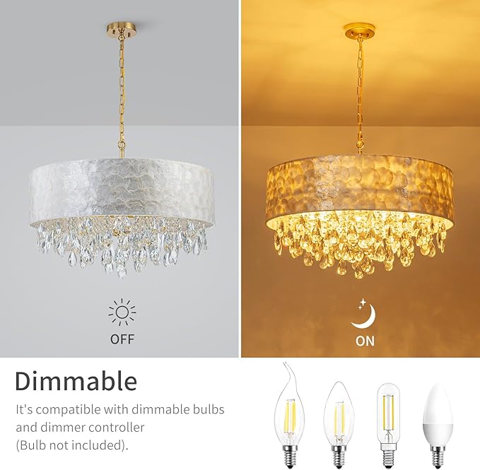 LumFurn D24inch Drum Capiz Shell K9 Crystal Chandeliers, 8-Light Coastal Style Pendant Light Fixture for Dining Room, Living Room, D24xH23~71 inch(Adjustable), Shell Lampshade & Gold Finish