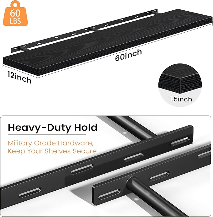 12 Inch Deep Floating Shelves, 60W x 12D Floating Shelf for Books, Rustic Wood Deep Wall Shelves for Home Storage & Display, 1.5" Thicked Shelves for Kitchen, Living Room, Bedroom, Black, 1 Pack
