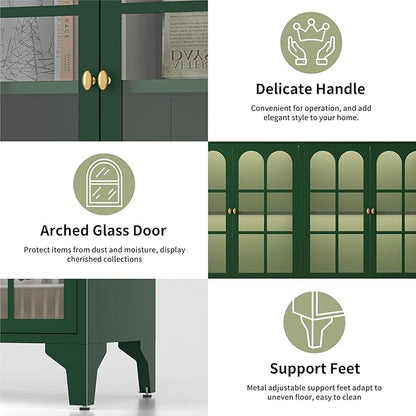 Foreate Sideboard Buffet Cabinet with Glass Door & LED Light, 53.2" Large Buffet Cabinet with Storage & Adjustable Shelf, Farmhouse Sideboard Credenzas Metal Kitchen Buffet, Green