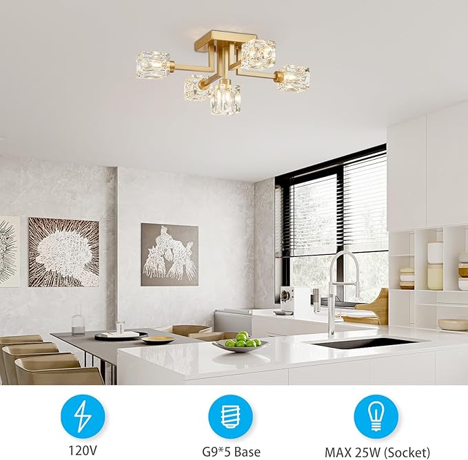 XINGQI Sputnik Chandelier Gold Modern Semi Flush Mount Ceiling Light Glass 5 Lights Farmhouse Lighting Fixtures for Dining Room Living Room Kitchen Bedroom