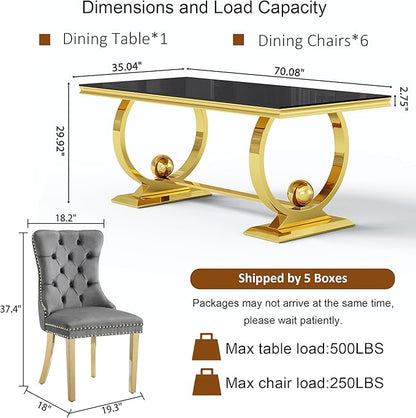 7-Piece Modern Luxury Dining Table Set, 70" Black Tempered Glass Dining Table with Gold Polished Stainless Steel U-Shaped Pedestal Base, 6 Gray Velvet Upholstered Chairs, for Dining Room, Office
