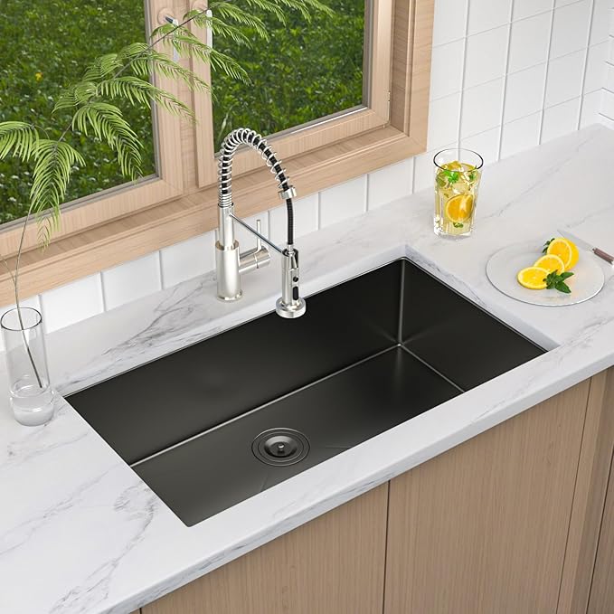 33 Inch Undermount Kitchen Sink Black 18 Gauge Stainless Steel Under Counter Sink Single Bowl Deep Handmade Single Bowl Kitchen Sink,33"x19"x9"