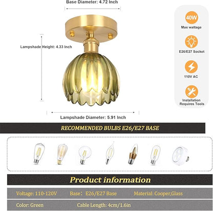 Shenmoyl Semi Flush Mount Vintage Lights - Gold Hallway & Porch, 4.72" Base Modern Ceiling Light Fixture, Green Tulip Glass, Bulb Included