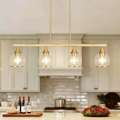 Island Light for Kitchen, 4-Light Gold Kitchen Island Linear Hanging Pendant Chandeliers, Brushed Gold Dining Room Light Fixture Over Table with Clear Round Glass Shades