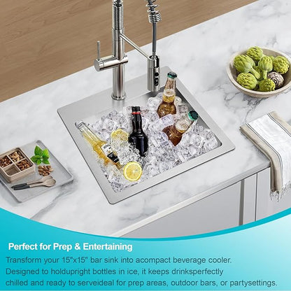15x15 Inch Bar Sink Drop In - Small Kitchen Sink for RV, Wet Bar & Outdoor, Brushed 18 Gauge Stainless Steel Topmount Single Bowl Utility Sink