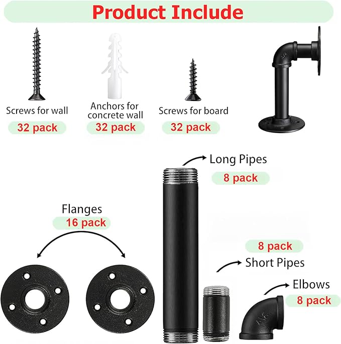 Industrial L Pipe Shelf Brackets for 7-14 in Depth Wood,Heavy-Duty 3/4" Iron,Wall Mount Floating Shelf Bracket L Metal Pipe Shelving Brackets for Wood-Black DIY Pipe Shelves(6.7*3.1 Inch 8 Pack)