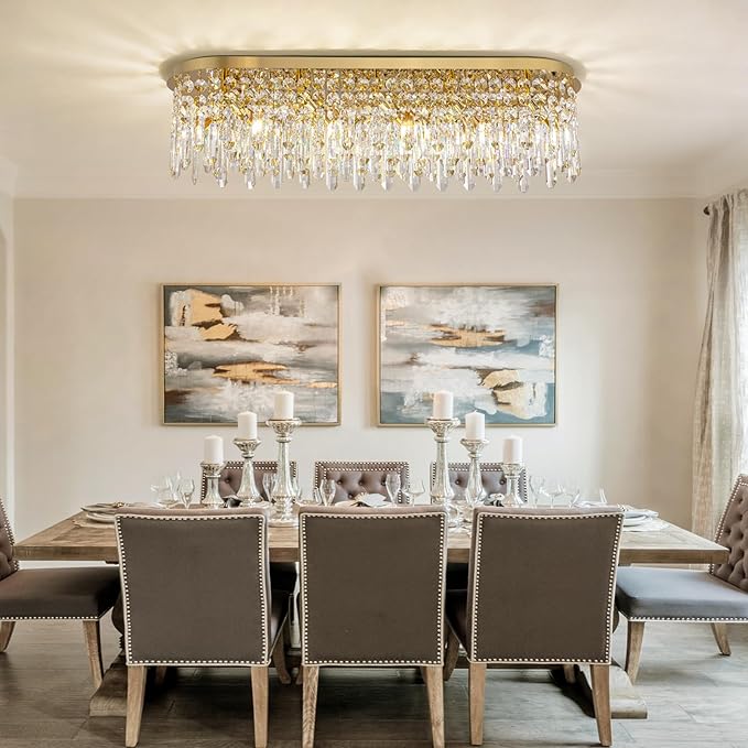 Siljoy Modern Crystal Chandelier 10 Lights Gold Rectangular Flush Mount Raindrop Crystal Chandelier Ceiling Light Fixture Oval for Dining Room Living Room Kitchen Island L40 Inch