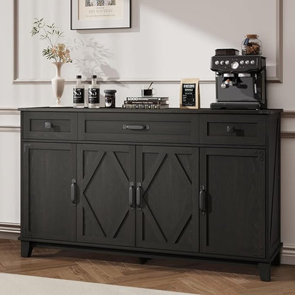 Farmhouse Buffet Cabinet with Drawers, 55" Large Sideboard Kitchen Buffet Storage Cabinet with 3 Adjustable Shelves and Doors Heightened Table Wood Coffee Bar for Kitchen Living Room, Black